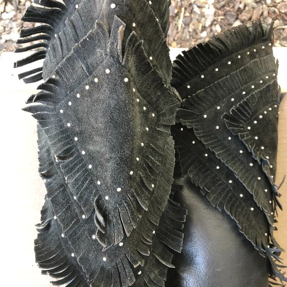 Vintage Black Leather Fringe Cowboy Boots - Picture 5 of 6